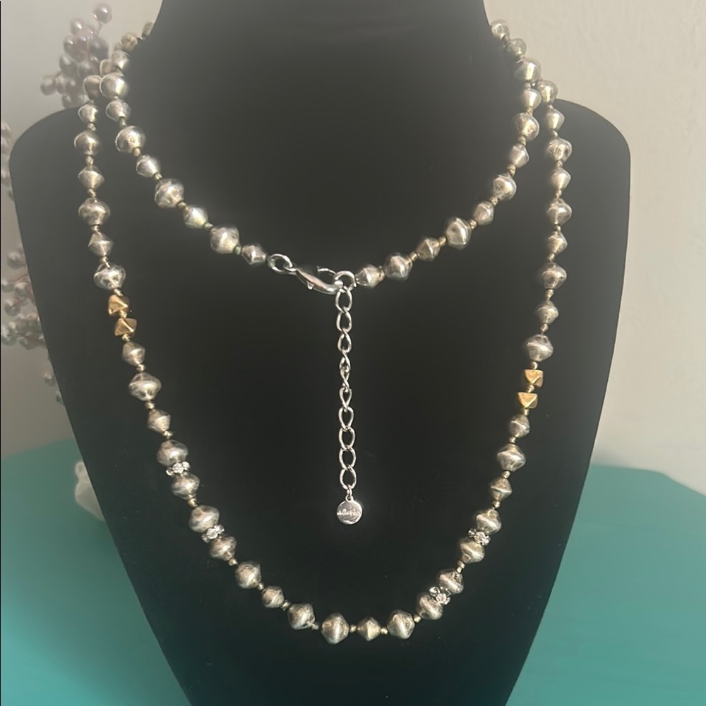 Stella & Dot Brushed Silver and Gold Tone Rhinestone Encrusted Bead 32”Necklace